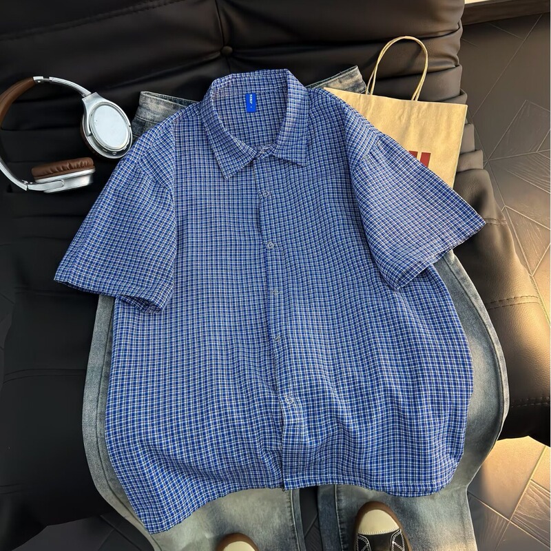 Fashionable American-Style Casual Plaid Rope Short-Sleeve Shirt for Men, Loose Retro Versatile Checkered Summer Shirt Top Trendy Fashionable American-Style Casual Plaid Rope Short-Sleeve Shirt for Men, Loose Retro Versatile Checkered Summer Shirt Top Trendy