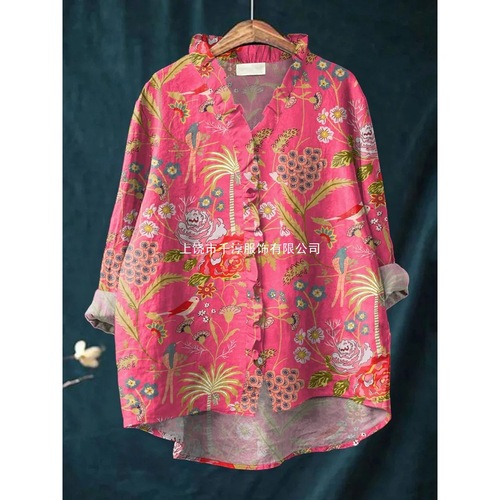 2025 European and American New Amazon Independent Store Floral Edge Collar Top 0168 Comfort Casual Linen Round Collar Short-Sleeve