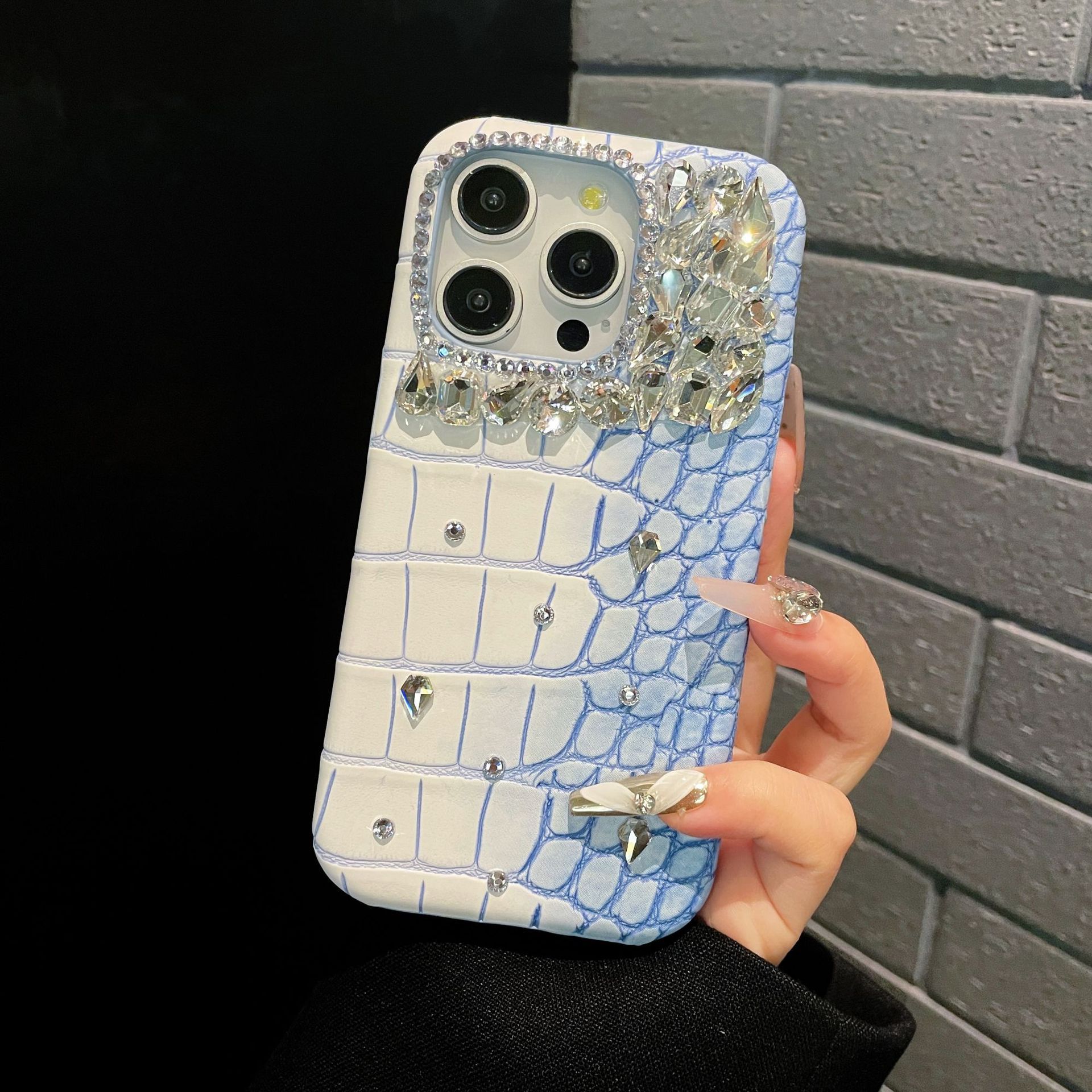 Ốp lưng điện thoại nửa cứng vân cá sấu pha lê lấp lánh cho iPhone 7-15 — Màu xanh quân đội kim cương lấp lánh, Hoa violet kim cương lấp lánh, Hồng lấp lánh, Xanh denim kim cương lấp lánh chi tiết 8
