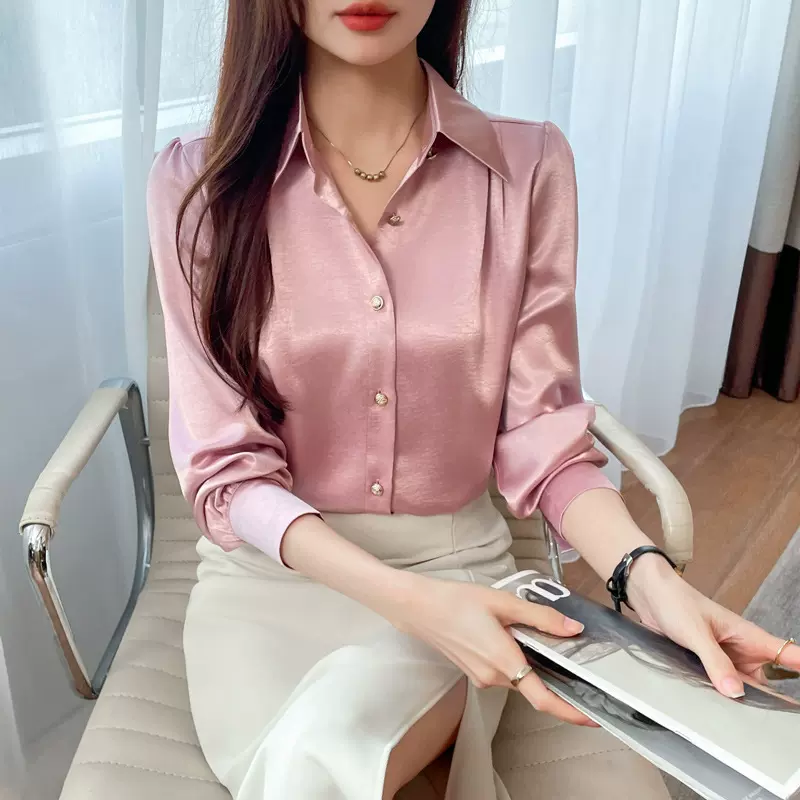 2025春秋新款法式缎面垂坠感时尚长袖衬衣气质桑蚕丝衬衫女士上衣