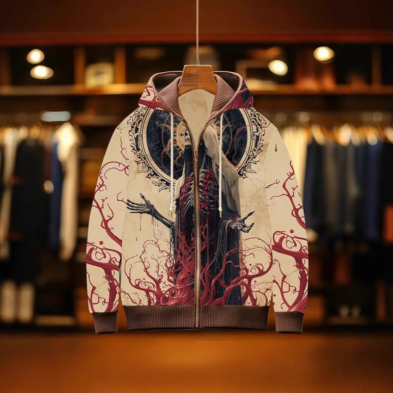 Cross-border Mesh Fabric European and American New Cardigan Men's Health 3D Digital Printing Niche Skull Printing Zipper Hoodie