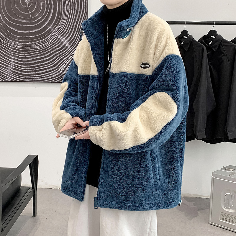 羊羔毛外套撞色拼接男士青少年宽松加绒摇粒绒棉服上衣服休闲夹克|undefined