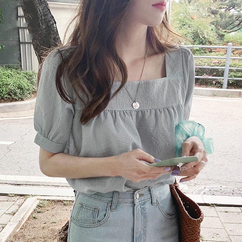 Square Neck Short-Sleeve Shirt for Women 2025 Summer New Japanese Sweet Youthful Fresh Versatile Small Plaid Collarbone Design