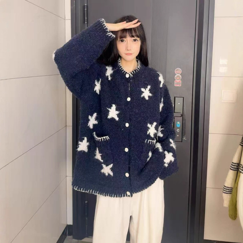 YS日韩休闲毛衣外套女秋冬新款翻领星星设计感慵懒风针织开衫上衣|undefined