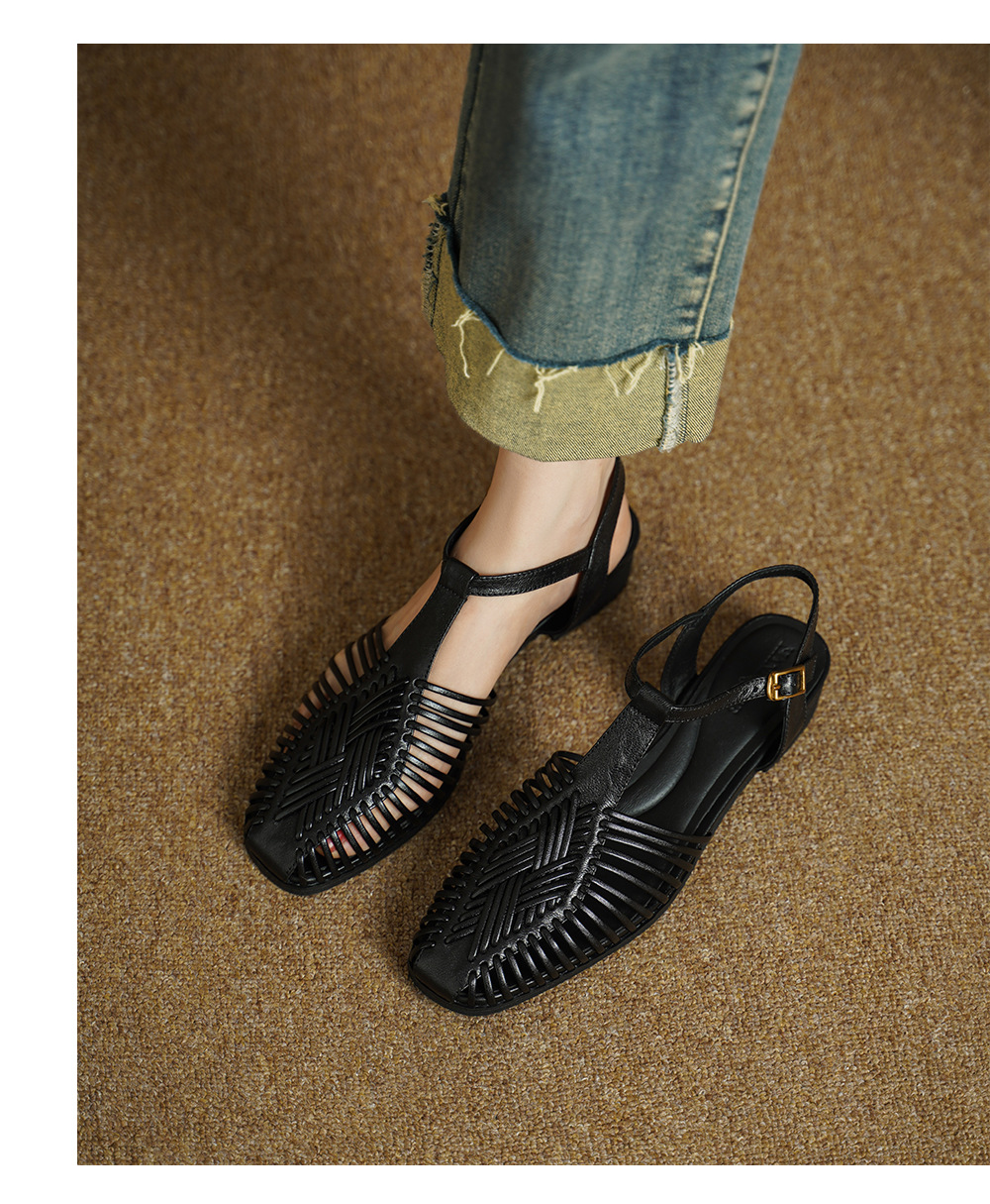 Sandal nữ quai dệt mảnh mũi vuông gót phẳng — màu nâu chi tiết 6