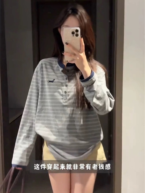 韩系复古学院风条纹撞色新款纽扣长袖t恤衫女秋2025新款百搭上衣|undefined