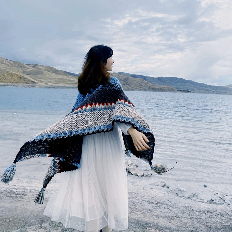Yunnan, Xizang, Western Sichuan Ethnic Style Knitted Shawl for Women, Woolen Cape Coat, Yunnan Travel