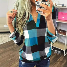 跨境欧美外贸新款WISH热卖春秋休闲衬衣格子印花V领长袖上衣现货