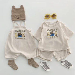 韩版男女童婴幼儿纯棉华夫格套装ins夏吊带爬服T恤+裤子两件套潮