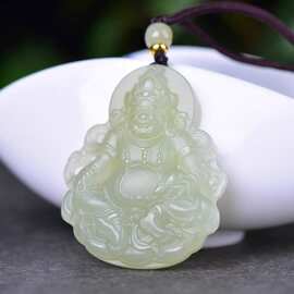 厂家批发阿富汗玉黄财神吊坠和田玉青黄口色黄财神挂件玉坠直播货