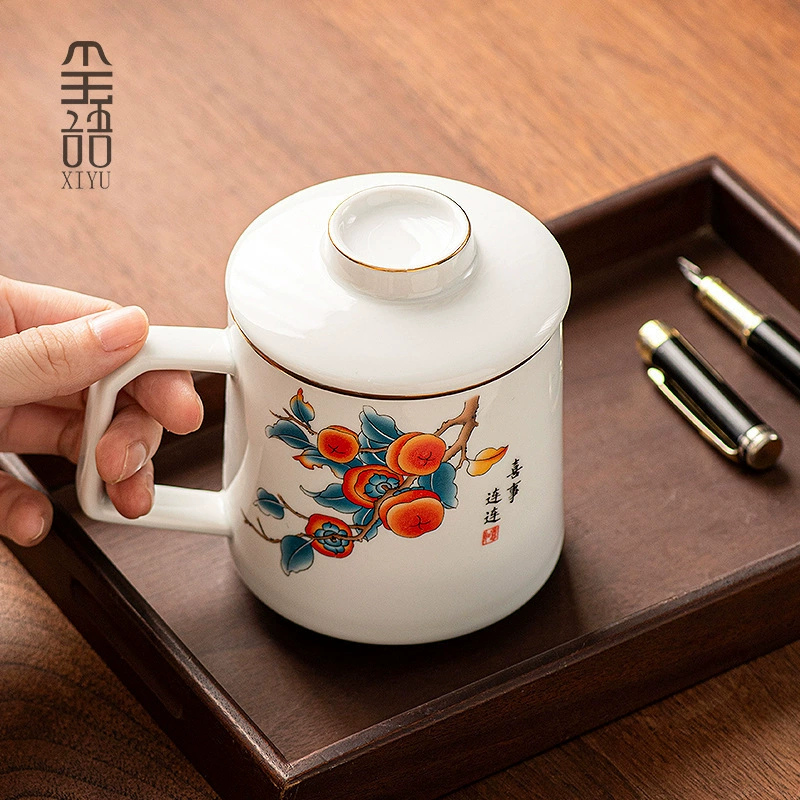 Дехуа белая фарфоровая хурма хурма Руи кружка с крышкой домашнего офиса чай разделительная чашка керамическая чашка чая