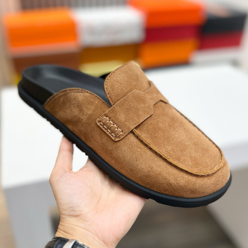 European Genuine Leather Slip-On Sandals for Men, Summer Suede Versatile Outdoor Non-Slip Mules, Casual Breathable Cool Slippers