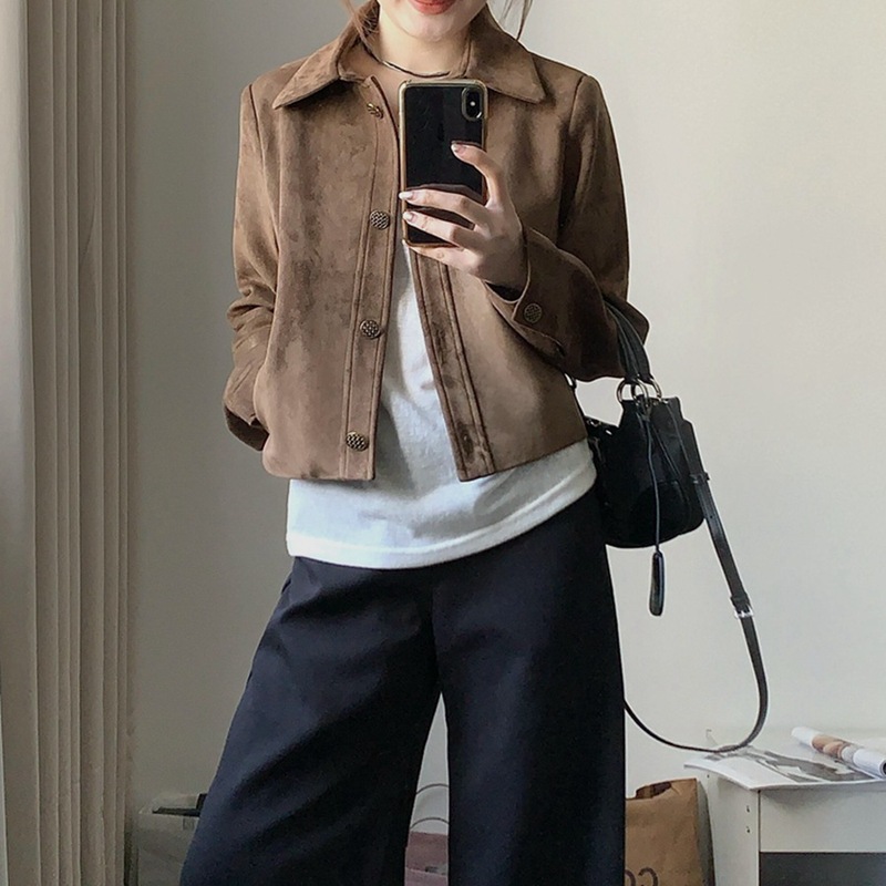 美拉德麂皮绒外套女短款2025春秋新款复古宽松小个子薄款夹克上衣|undefined