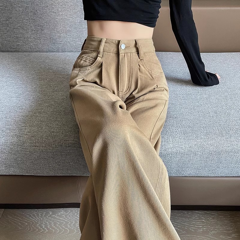 Khaki wide-leg jeans for women in summer 2023 new high-waist slim design large size straight-leg pants for women