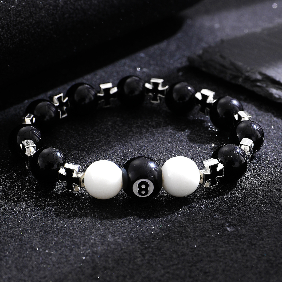 Obsidian Cross Beaded Bracelet Chinese Style Black Eight Charm_voghion.com