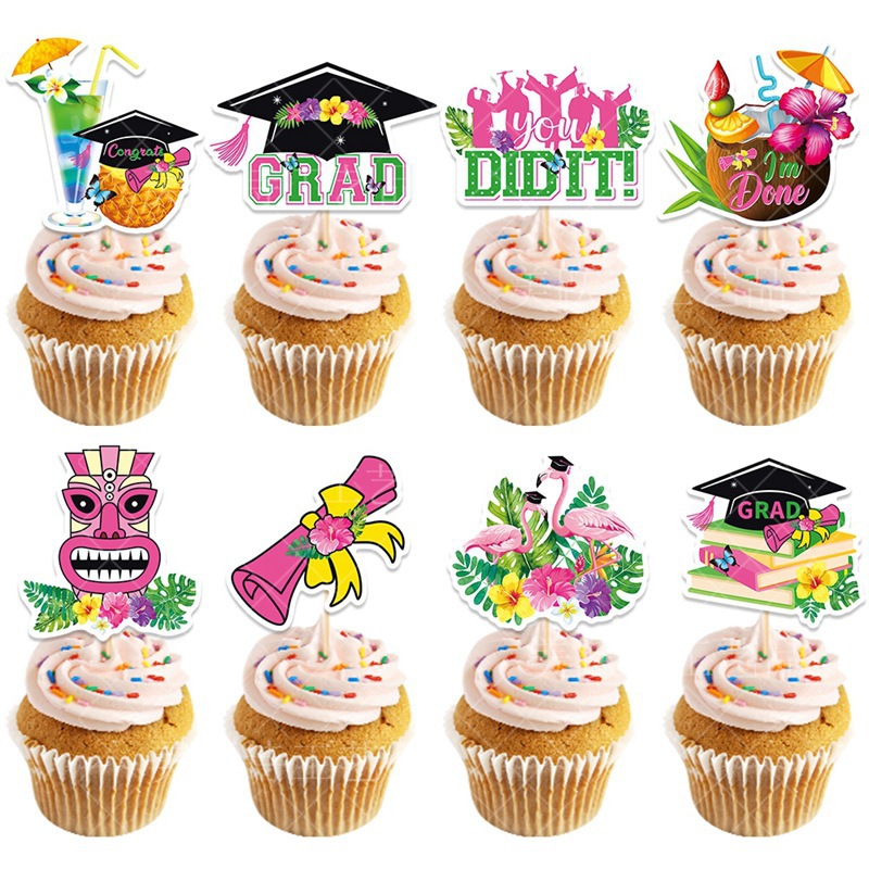 Fiesta de graduación hawaiana tarjeta de decoración de pastel de temporada de graduación mesa de postres horneado pastel de decoración inserto