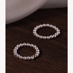 Small pearl ring ring women's niche design plain circle French retro ring tail ring simple and elegant hand-woven