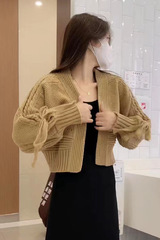 蝴蝶结系绳短款针织开衫外套女2025秋季新款时尚洋气百搭长袖上衣
