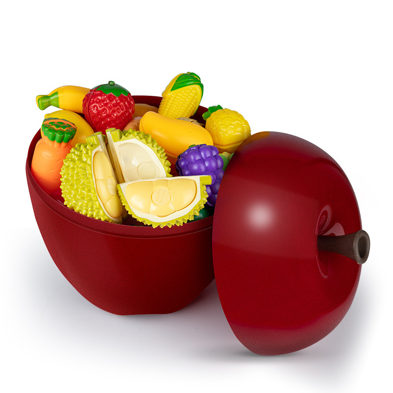 Frutas cortadas y cortadas, cáscaras pelables, juguetes de puzzle para niños, ejercicios cognitivos para bebés, almacenamiento en barril de manzana
