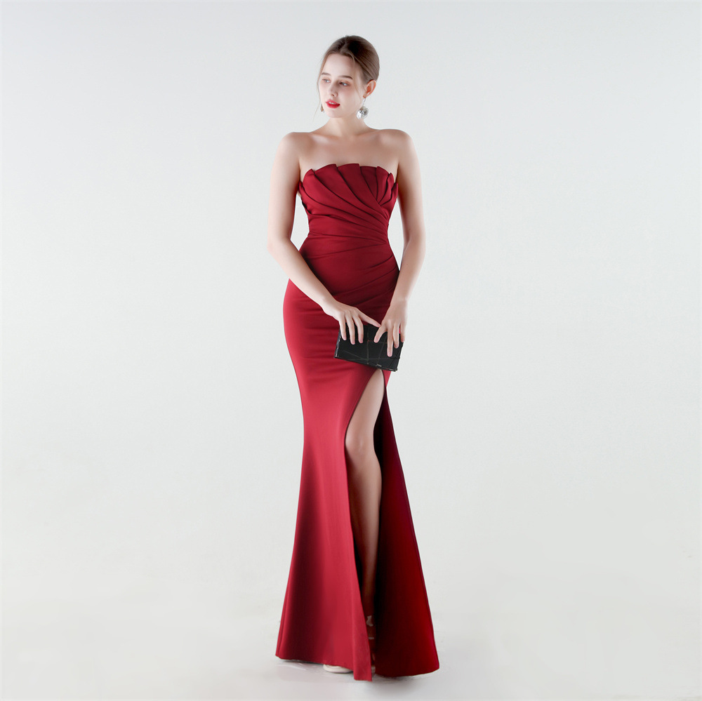 33623 # Foreign Trade 2026 New Style Tube Top Pleated Slim Fishtail High Slit Elegant and Sexy Evening Dress