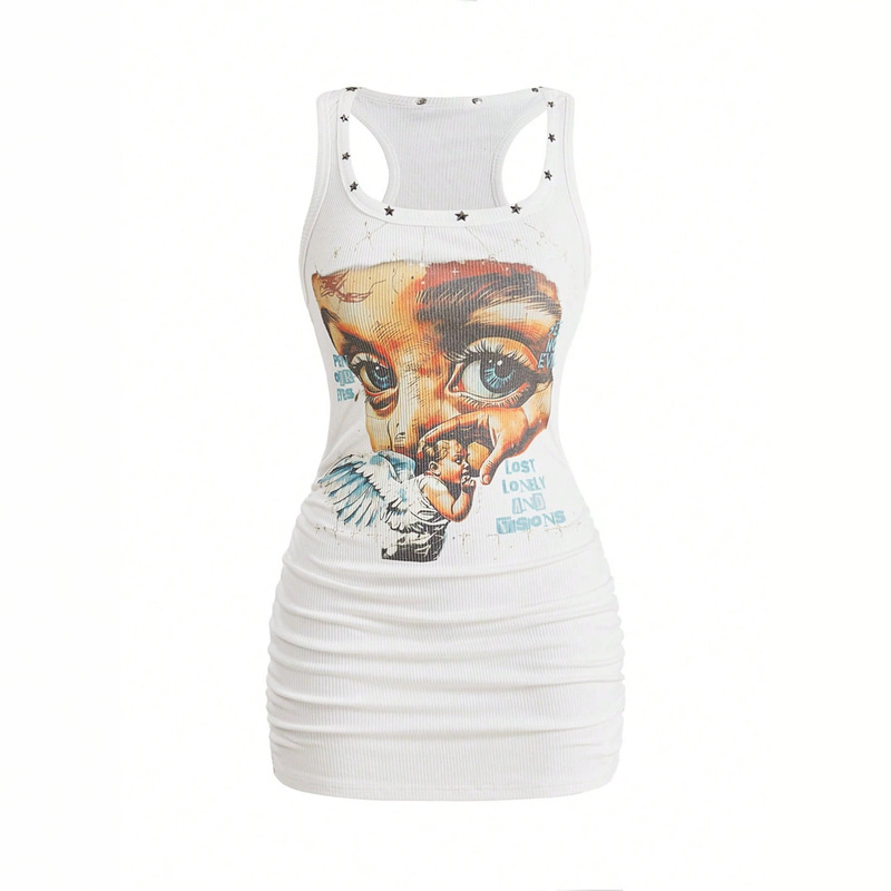 Cross-border Y2K sleeveless bodycon mini dress with star studs and angel portrait print, side slit for a hot girl look Cross-border Y2K sleeveless bodycon mini dress with star studs and angel portrait print, side slit for a hot girl look