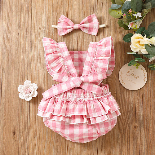 Amazon AliExpress Cross-border Hot Selling Girls' Bubble Cotton Two-Color Checkered Sleeveless Climbing Suit Bodysuit + Headpiece
