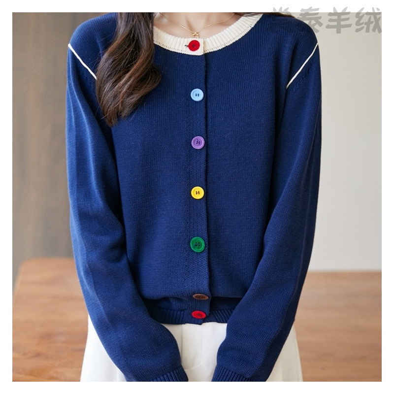 Pure Cotton Rainbow Button Knitted Cardigan Women's Contrasting Color Top New Style Age-Reducing Knitted Knitwear High-End Sweater Jacket