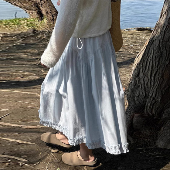 in stock Pregnant Women's light blue Skirt Fungus Lace Summer A- line Skirt Hip Covering Small Long Skirt