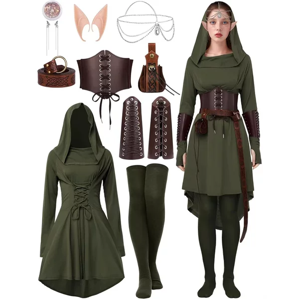 Women's Renaissance Halloween Fairy Costume Medieval Hooded Cape Lace-Up Dress Accessory Set