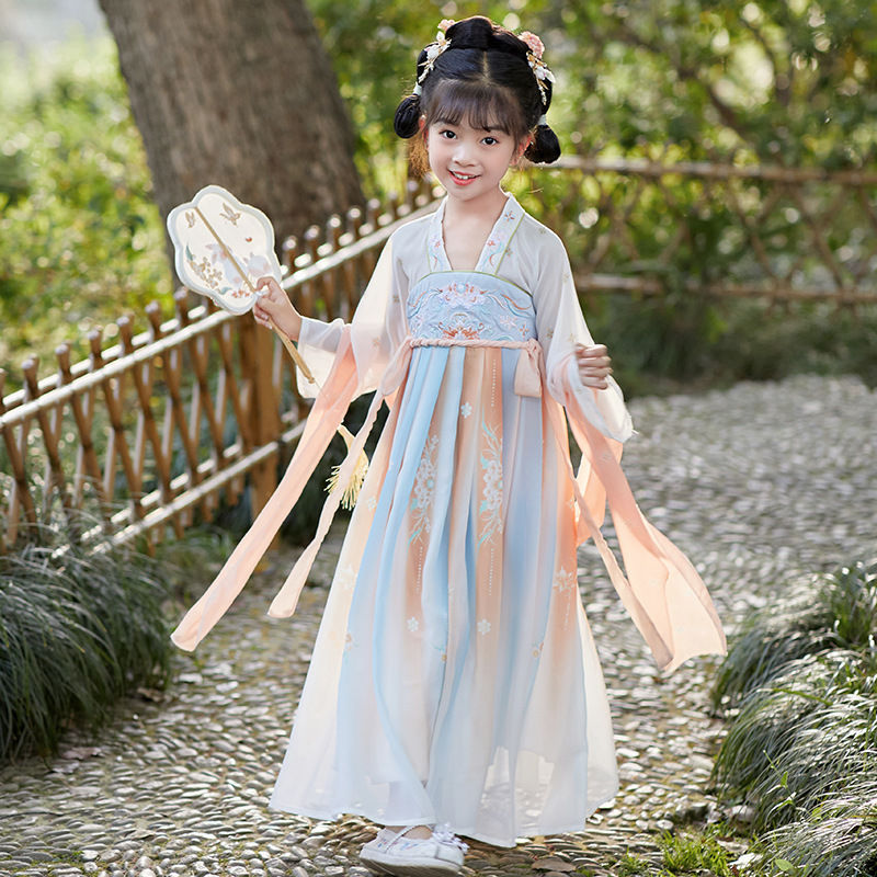 Children's Hanfu Dress for Girls, Spring and Autumn Thin Version Chinese Style Hanfu, Classical Tang Dress with Overlay Skirt, New and Ethereal