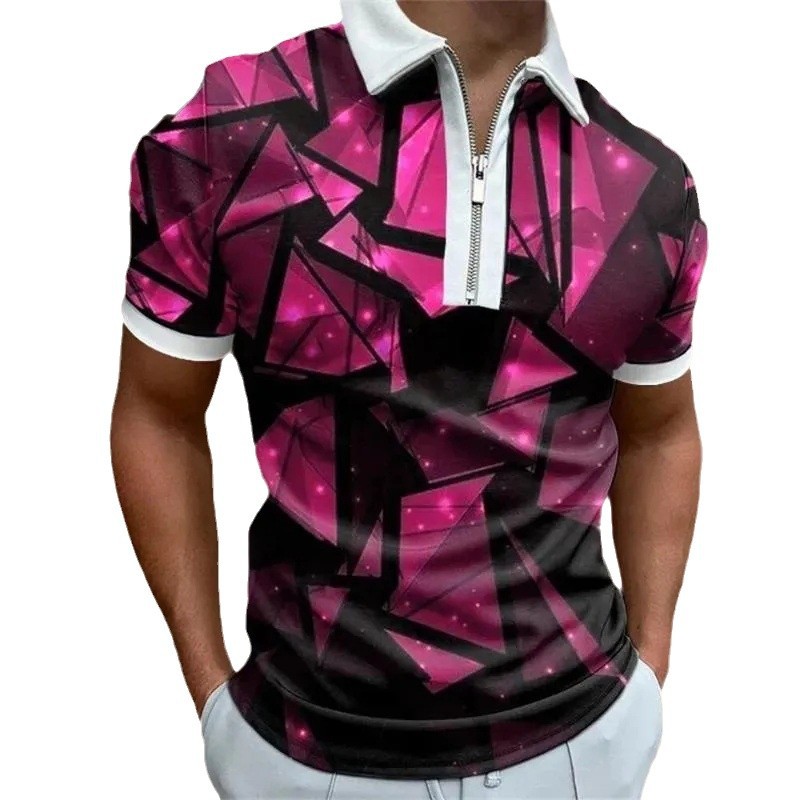 2024 venta caliente personalidad moda impresión 3D hombres verano calle suelta solapa manga corta cremallera camisa POLO
