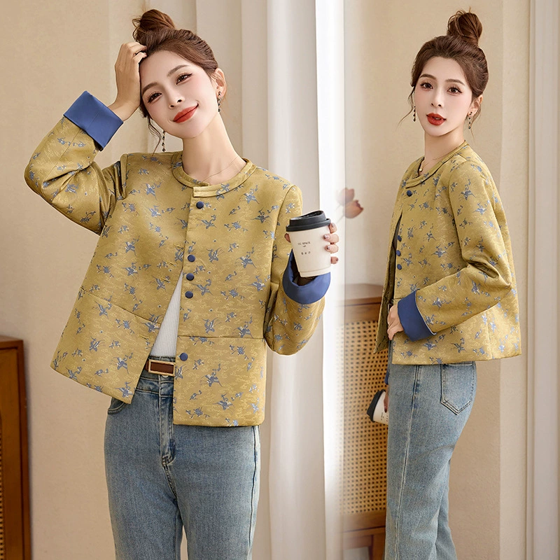 Новое национальное пальто в китайском стиле женский весенний и осенний маленький мужчина тонкий ретро жаккард с вышивкой с круглым вырезом кардиган короткий топ