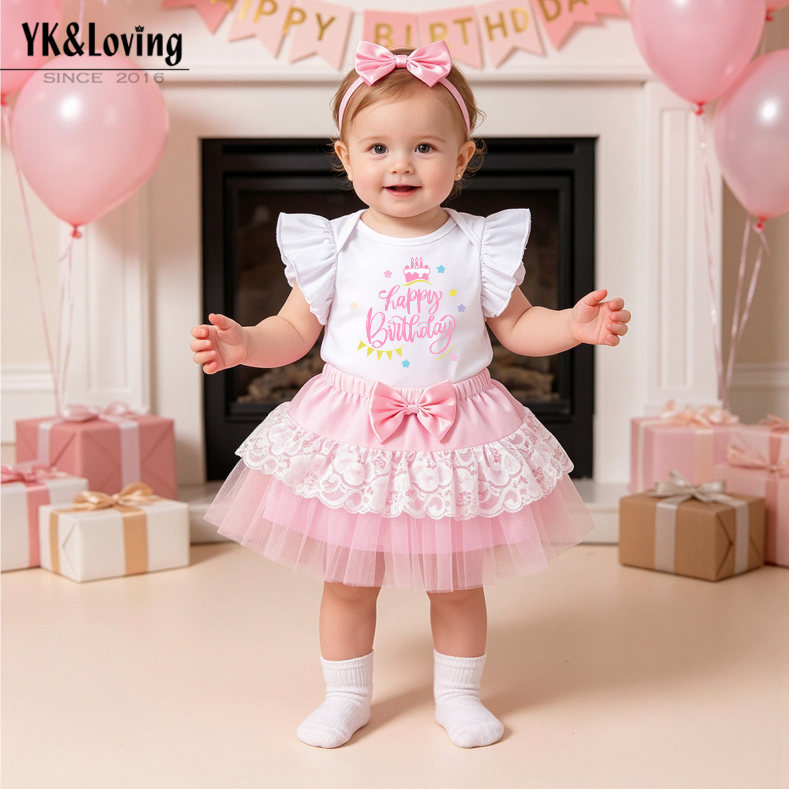 2026 New Fashionable Baby Girl's First Birthday Princess Outfit: Flutter Sleeve Romper, Lace Trim Skirt, and Hair Accessory Set