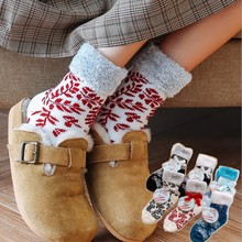 跨境翻罗口滑雪袜加厚加绒冬季保暖地板袜居家女袜毛巾圣诞袜麋鹿