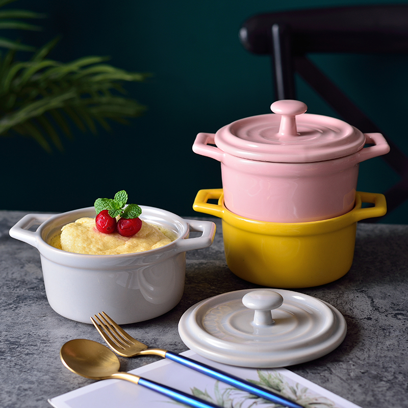 Ceramic double-handled bowl with lid, egg steaming pot, dessert and soup bowl, household microwave-safe high-temperature baking bowl, new product Ceramic double-handled bowl with lid, egg steaming pot, dessert and soup bowl, household microwave-safe high-temperature baking bowl, new product