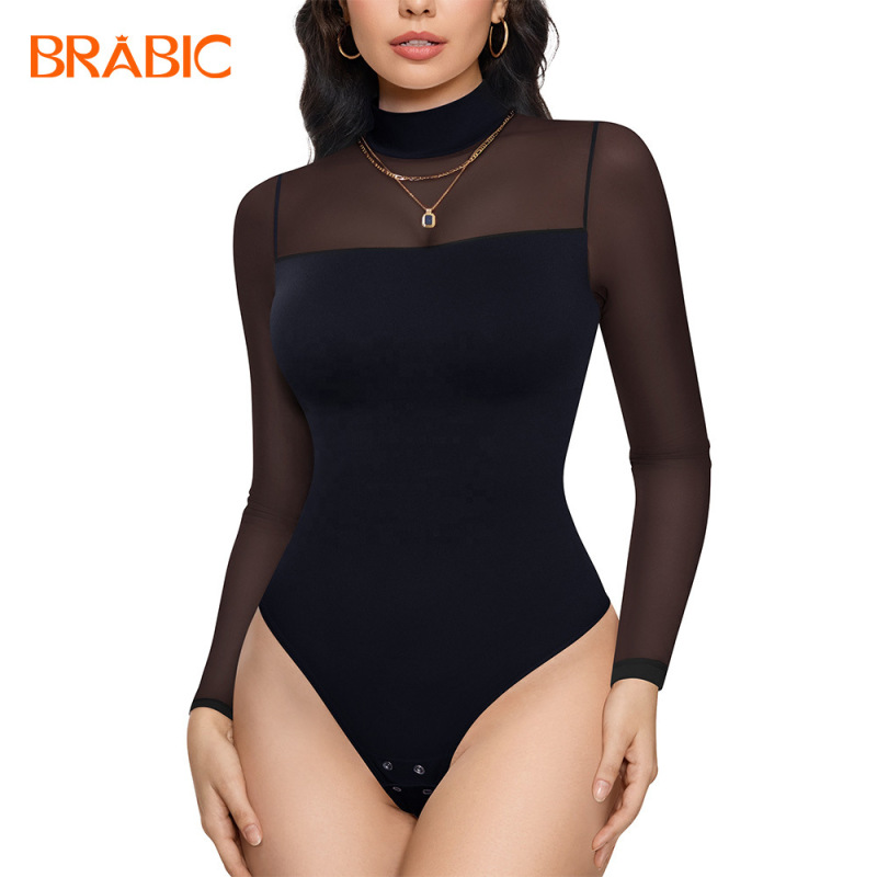 New Style Women's Shapewear Long-Sleeve Bodysuit with Half-High Collar, Transparent Waist-Cinching Tight-Fitting Base Layer, Slimming and Sexy Lingerie