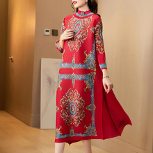 半高领复古印花褶皱连衣裙春夏秋宫廷三宅宽松遮肚中老年妈妈洋装