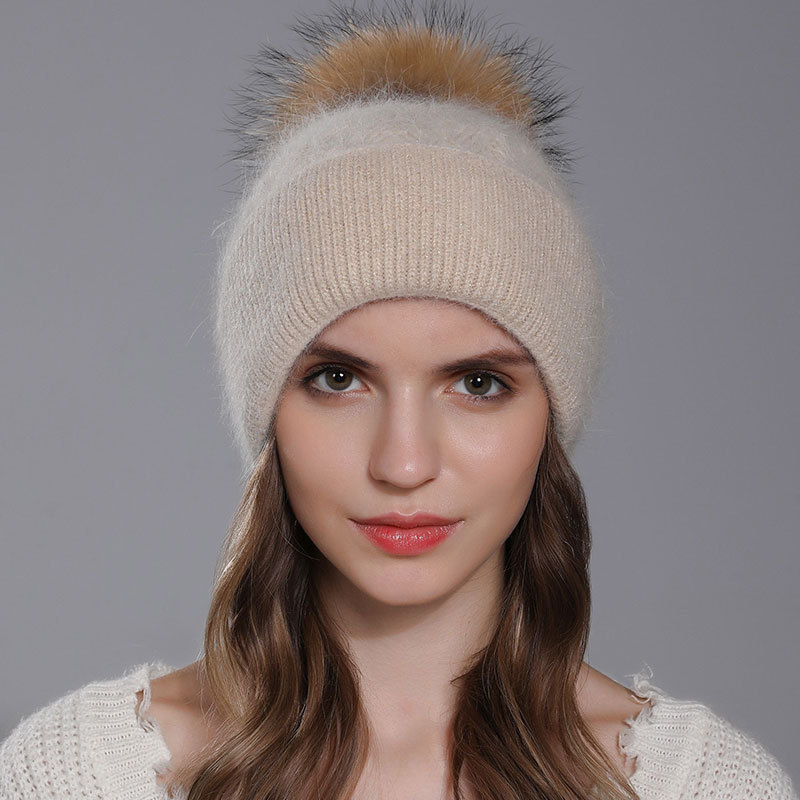 Nuevo Gorro de lana con pelo de conejo Angora tejido para mujer, giros de masa frita para invierno, gorro de lana con brida de doble capa, Bola de pelo de perro mapache,_voghion.com
