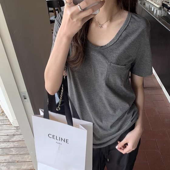 One-piece delivery Korean style lazy style U-neck short sleeve women's design pocket T-shirt summer loose plus size slimming top