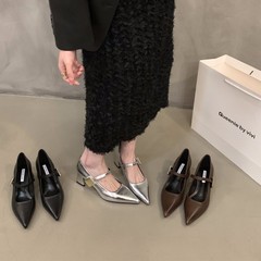 フランスのハイヒールの先のメアリー珍の靴の女性の靴の春秋2025の新型の春秋の気質の銀色の小さい革靴