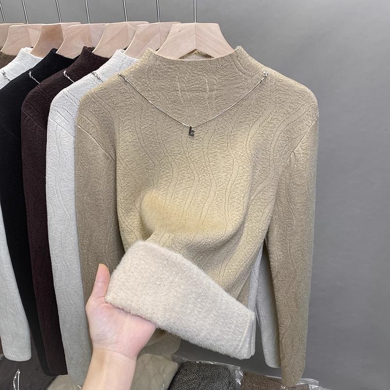 Damen-Fleece-gefütterter Strickpullover – Halbhoher Rollkragen, dickes Winter-Thermooberteil (Weiß, Schwarz, Beige, Khaki, Grau, Rot, Camel, Braun)_voghion.com