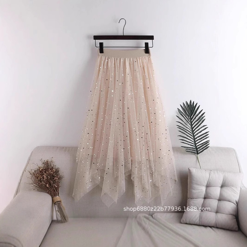 Beautiful 2025 New High-Waist Star Sequin Gold Velvet Lined Mesh Skirt Mid-Length Skirt