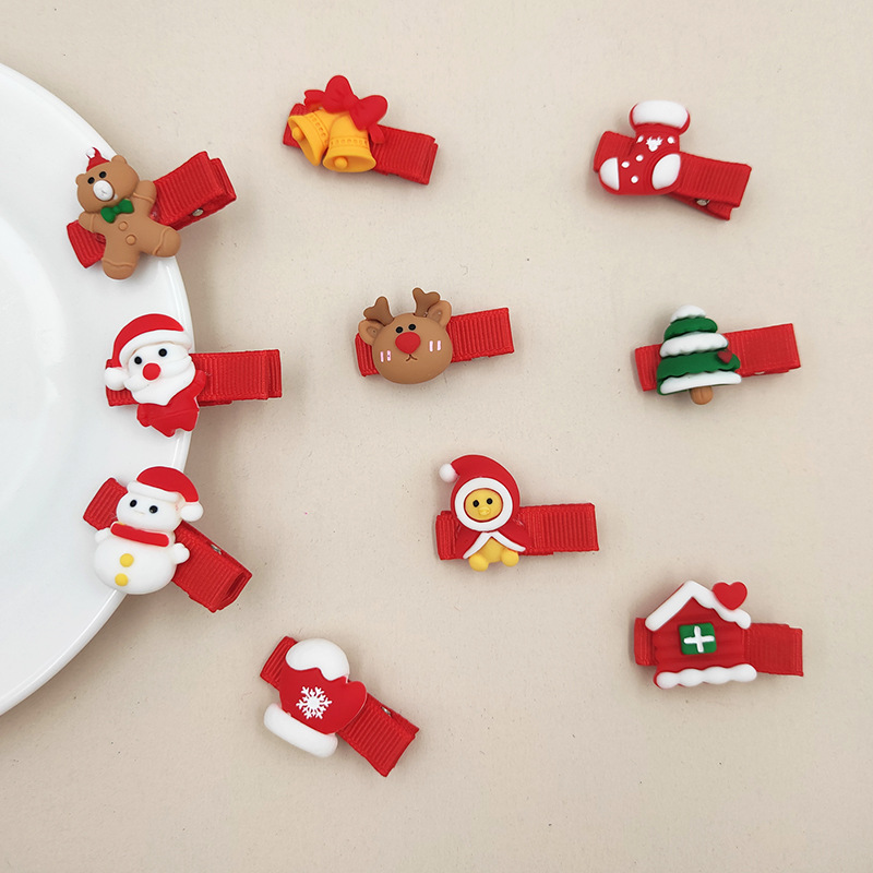 秋冬新款卡通可爱动物装饰发夹 3.5cm树脂圣诞磨砂螺纹绕布鸭嘴夹