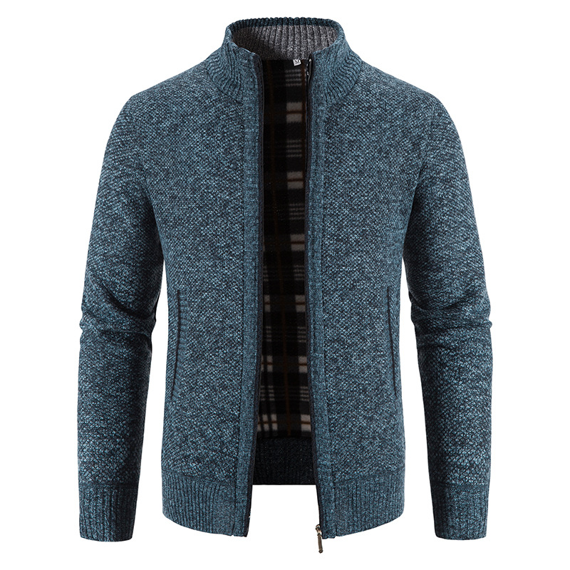 Hombres forrados de lana engrosada cuello de pie cardigan suéter comercio exterior juventud color sólido simple delgado suéter cálido abrigo de moda