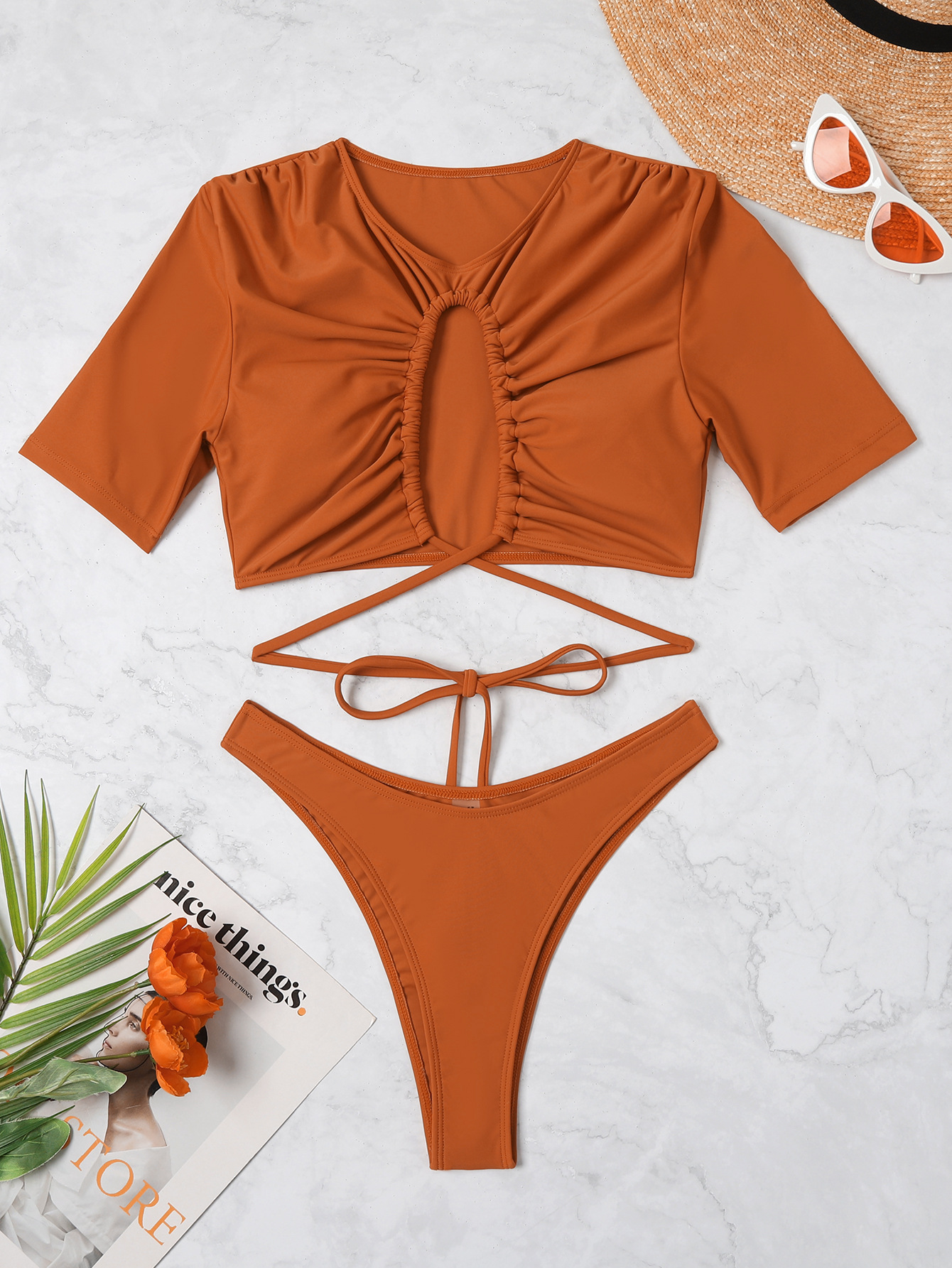 Sexy Hollow Drawstring Split Bikini 2 Piece Swimsuit NSCMB97570