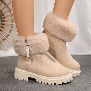 Women's Trendy Snow Boots 2025 Winter New Mid-Calf Plush Thickened Warm Cotton Shoes with Integrated Fur Winter Women's Boots