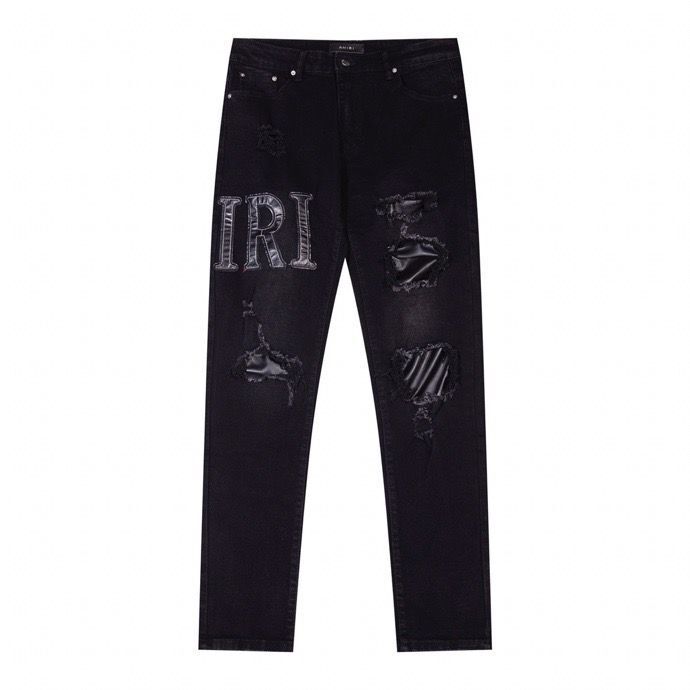 JB AMIRI New Foreign Trade Fashion Black Ripped Letter Embroidered Stretch Mid-Waist Small Feet Men's Jeans JB AMIRI New Foreign Trade Fashion Black Ripped Letter Embroidered Stretch Mid-Waist Small Feet Men's Jeans