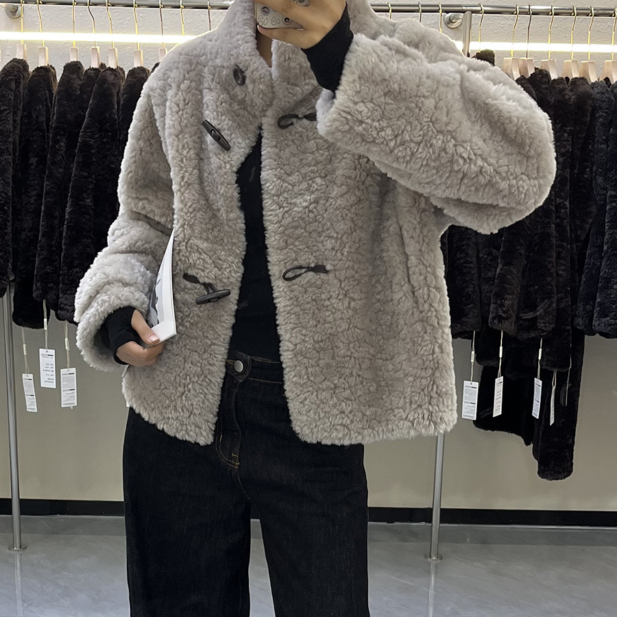 韩系立领皮毛一体环保皮草女慵懒风中长款洋气羊羔毛加厚保暖外套