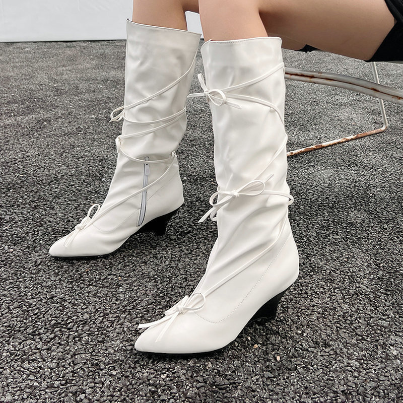 新款全球跨境热卖坡跟女高筒靴尖头厚底坡跟高跟可爱蝴蝶结绑带糖