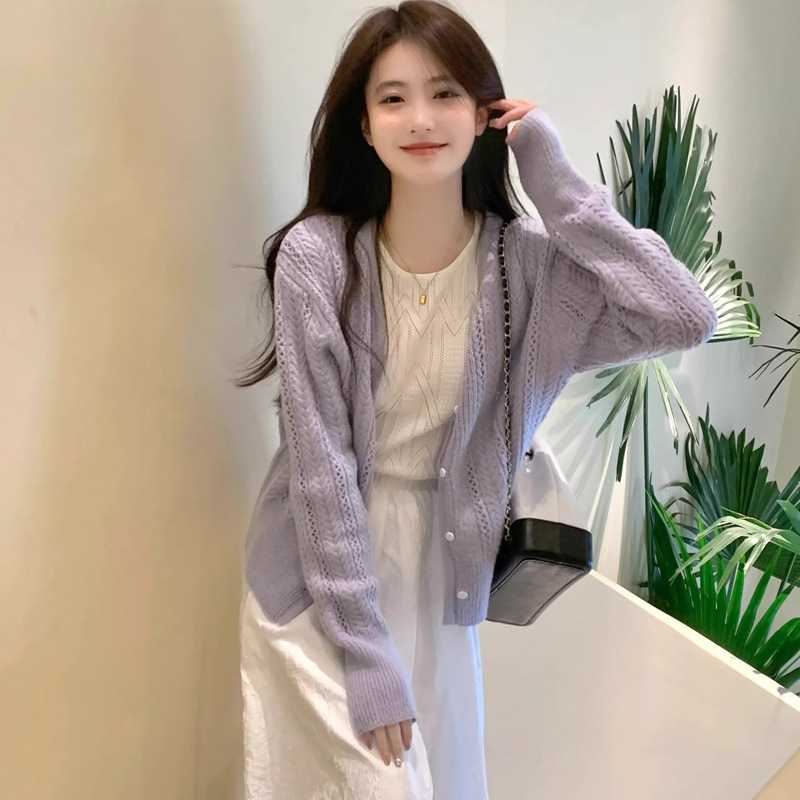 Purple Hollow Sweater Thin Coat Women's 2024 Spring and Autumn Gentle Style Cardigan Elegant Knitted Cardigan Western Style Top